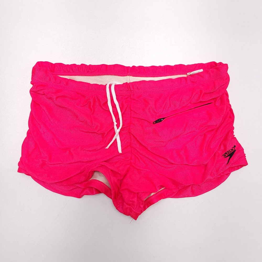 Speedo Mens Neon Pink Ruched Swim Trunks Drawstring Zipper Pocket Medium Vintage